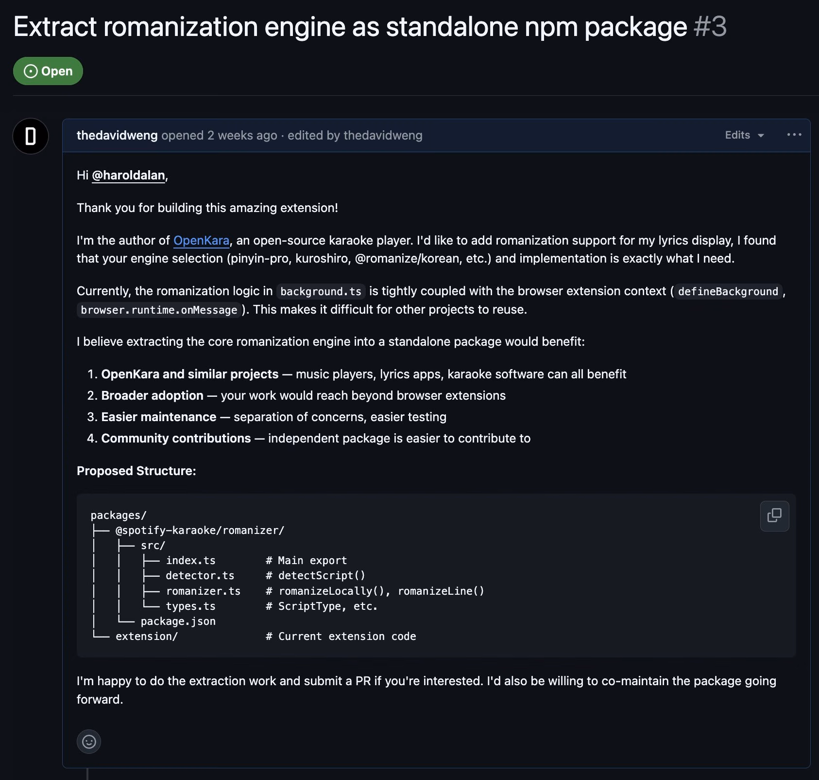 GitHub Issue #3 screenshot: proposing to extract the romanization engine from Spotify Karaoke into an independent npm package