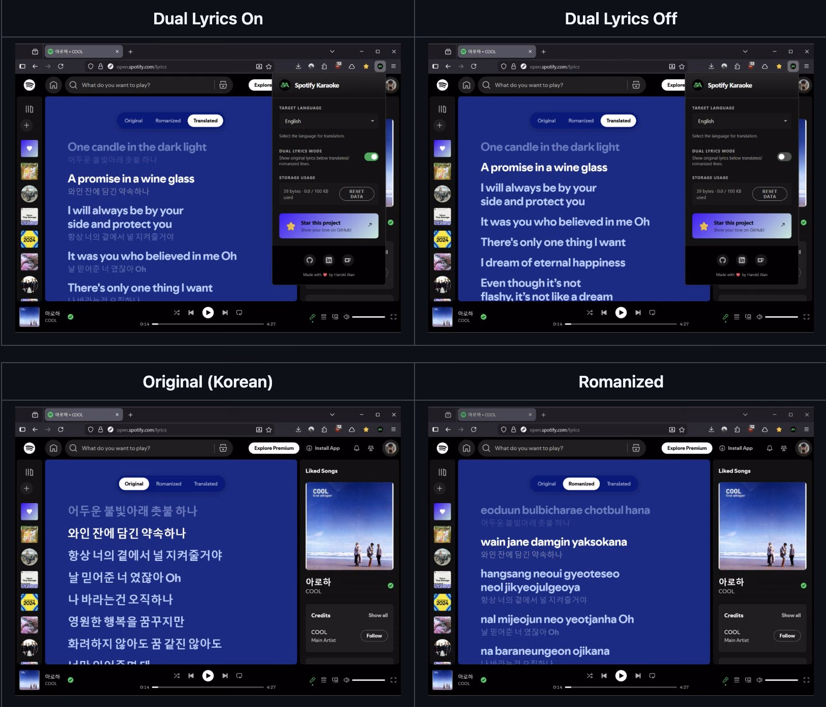Spotify Karaoke extension showing four lyric display modes: Original, Romanized, Translated, and Dual Lyrics